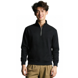 【Sample Custom Black Metal-Zip Stand-Collar Sweatshirt】|Stand collar design|Metal half-zip structure|Long sleeves with ribbed cuffs|Ribbed hem trim|Solid Color Sweatshirt Supplier Z724 【Sample Custom Black Metal-Zip Stand-Collar Sweatshirt】|Stand collar design|Metal half-zip structure|Long sleeves with ribbed cuffs|Ribbed hem trim|Solid Color Sweatshirt Supplier Z724